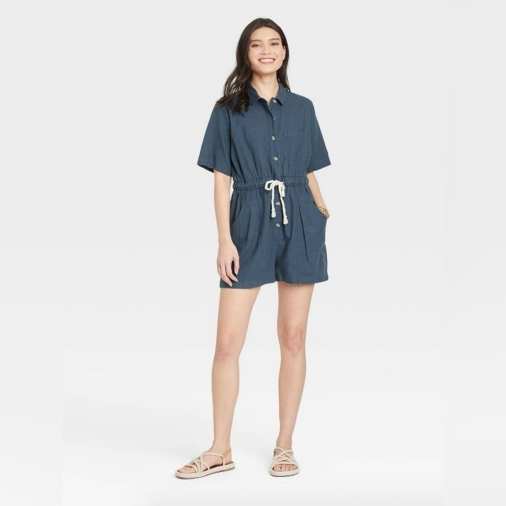 Universal Thread Linen Women's Blue Romper Flowy Comfy Summer Spring Nautical